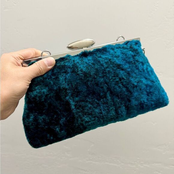 Peacock Blue Handmade Real Shearling Push Lock Clutch/Shoulder Bag/Crossbody - Picture 7 of 16